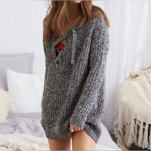 Aerie Lace Up Cable Knit Sweater Confetti Speckled Black Oversized Medium